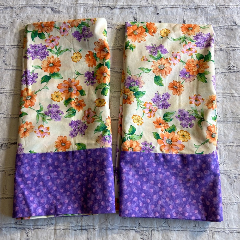 HOMEMADE FLORAL PURPLE/CREAM/PEACH/PINK/GREEN MULTI COLORED STANDARD CASES (2)